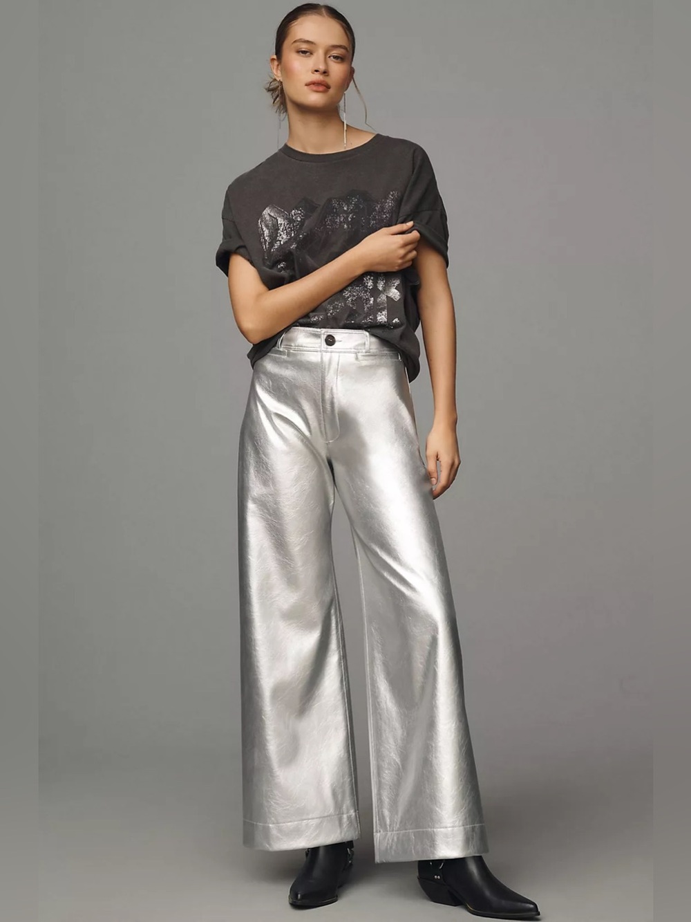Anthro Maeve Ettie Metallic Vegan-Leather High-Rise Crop Wide-Leg Pants NWT 29P - Picture 2 of 11